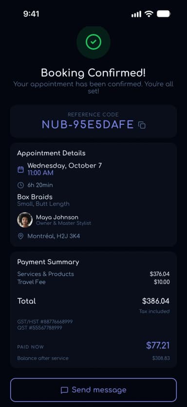 Booking confirmed in the app with the date, time, service, and total