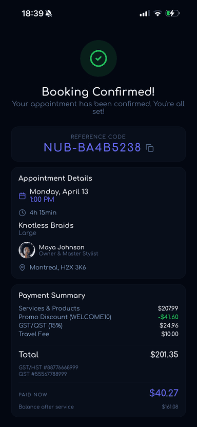 Booking confirmed with appointment details