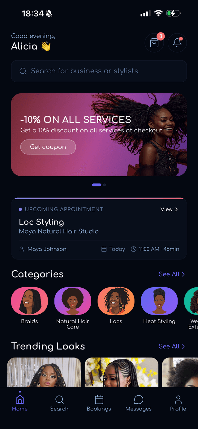 Nubia Hub app — home screen showing categories, upcoming appointments, and trending styles