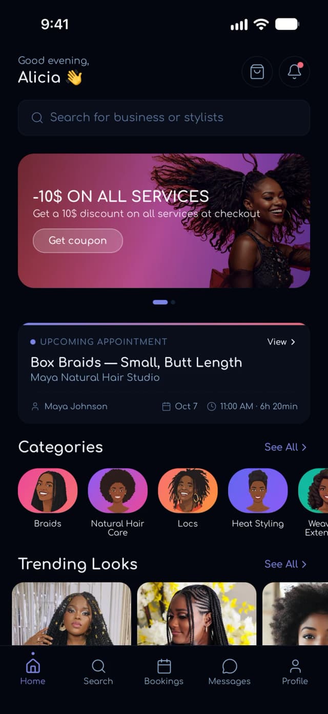 Nubia Hub app home screen with hair categories, an upcoming appointment, and trending looks
