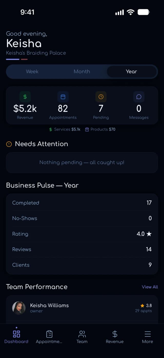 Pro dashboard with revenue, appointments, and the business pulse