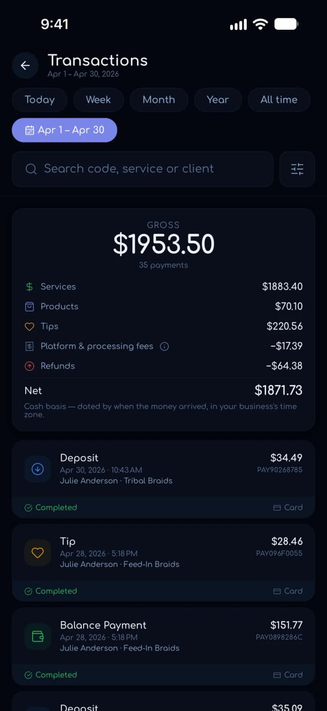 Transactions screen with gross sales, fees, and each payment